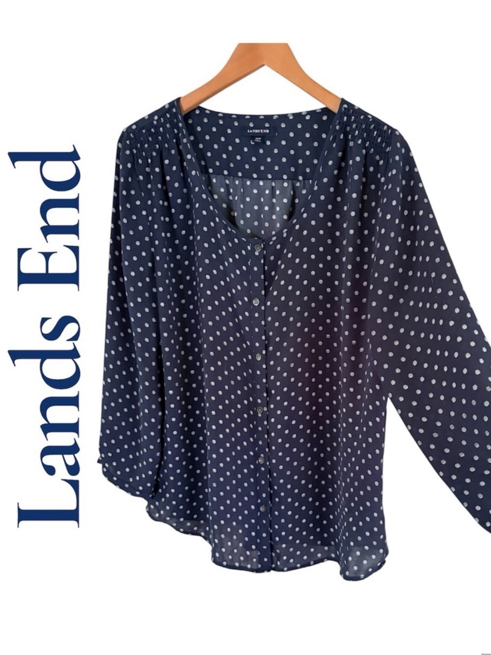 Lands' End Women’s 14 tall navy polka dot button front blouse 3/4 sleeve EUC